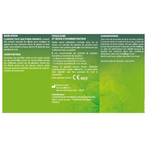 Clariver Toux Nocturne Enfants Solution Buvable - 150ml - Apaise la toux et favorise un sommeil paisible