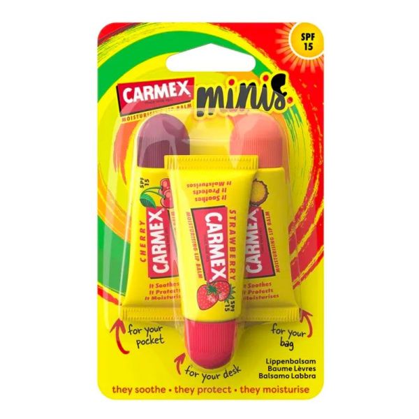 Carmex Minis Baumes à Lèvres Hydratant SPF15 - Parfum Cerise, Fraise et Ananas - 3 x 5g