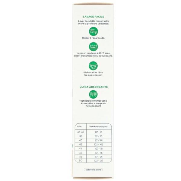 Saforelle Culotte Menstruelle Flux Abondant Coton Bio Taille 34/36 - Protection anti-fuites jusqu'à 12h