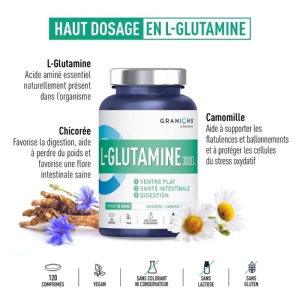 Granions L-Glutamine 3000 mg 120 comprimés - Ventre plat et confort digestif