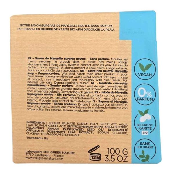 MKL Green Nature Savon Surgras de Marseille Neutre Sans Parfum 100 g - Corps et mains