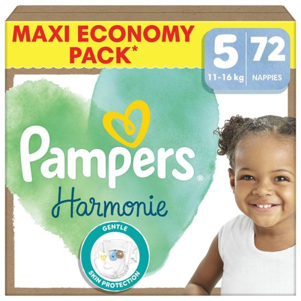 Pampers Harmonie Couches Taille 5 de 11 à 16kg - Maxi Pack 72 couches – Peaux sensibles et 12h au sec
