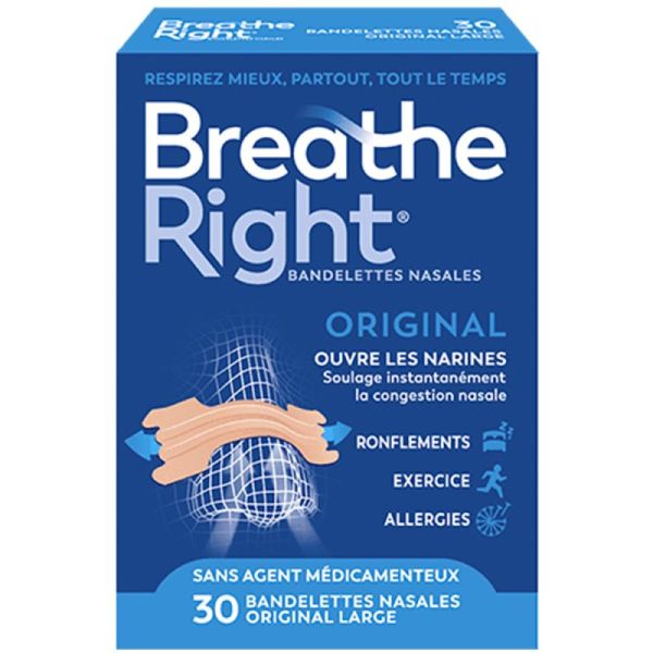 Breathe Right Bandelettes Nasales Original Large - 30 bandelettes - Respiration libre et confortable