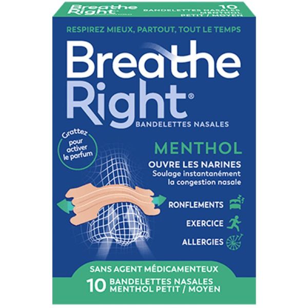 Breathe Right Bandelettes Nasales Menthol Moyen - 10 bandelettes - Soulagement immédiat et douceur