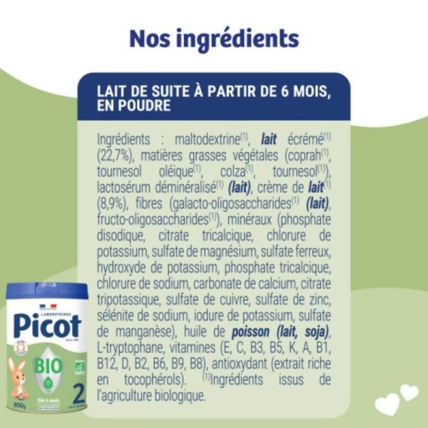 Picot Bio 2ème âge (6-12 mois) 800 g - Lait de suite biologique sans huile de palme
