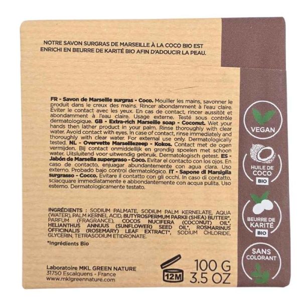 MKL Green Nature Savon Surgras de Marseille Coco 100 g - Adoucissement et nettoyage quotidien du corps et des mains