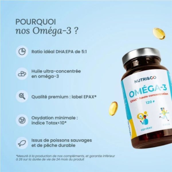 Nutri&Co Oméga-3 Cerveau et Cœur 120 capsules - Huile de poisson ultra-concentrée EPA/DHA
