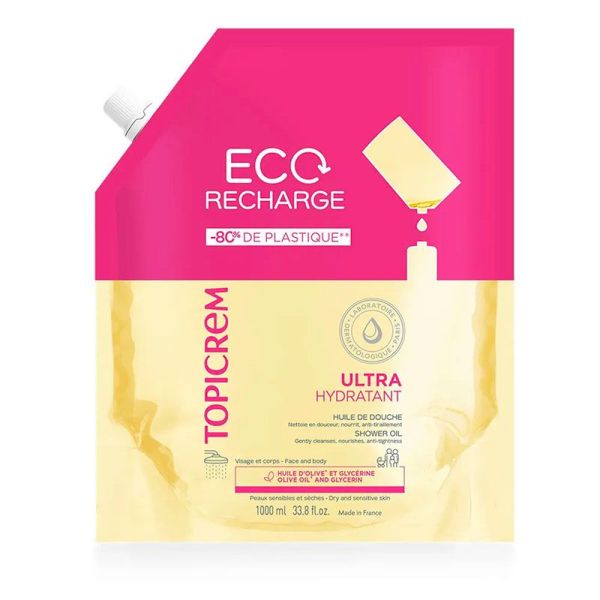 Topicrem Ultra-Hydratant Huile de Douche - Peaux Sensibles & Sèches - Eco Recharge de 1 Litre