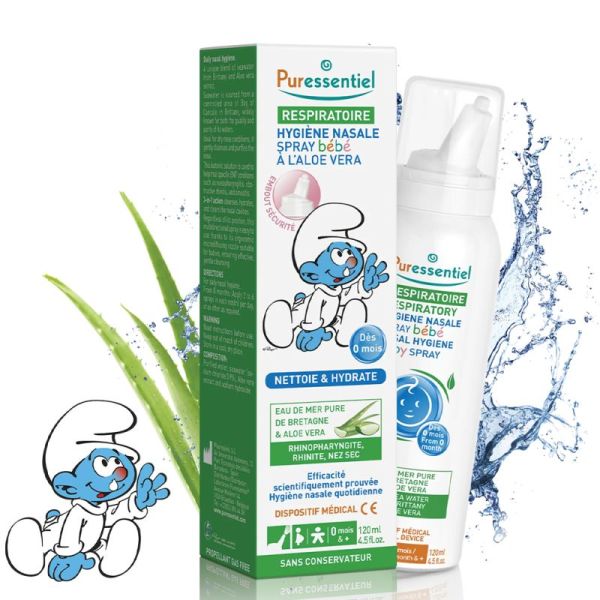 Puressentiel Respiratoire Spray Hygiène Nasale Bébé à l'Aloe Vera 120 ml – Nettoie en douceur, hydrate et libère les fosses nasales dès la naissance