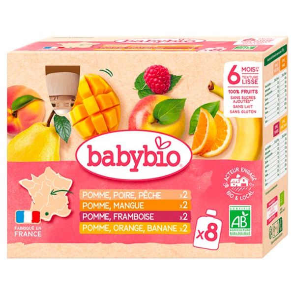 Babybio 100% Fruits Bio - 8 Gourdes de 90 g - 6 Mois et + - Pack découverte aux saveurs variées pour bébés