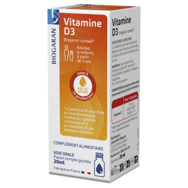 Biogaran Vitamine D3 en gouttes 20 ml - soutien de l’immunité et de l’ossature dès 3 ans