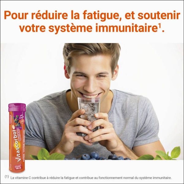 Vitascorbol Vitamine C 1000mg - 15 Comprimés Effervescents - Saveur Cassis - Vitalité et Défenses Immunitaires