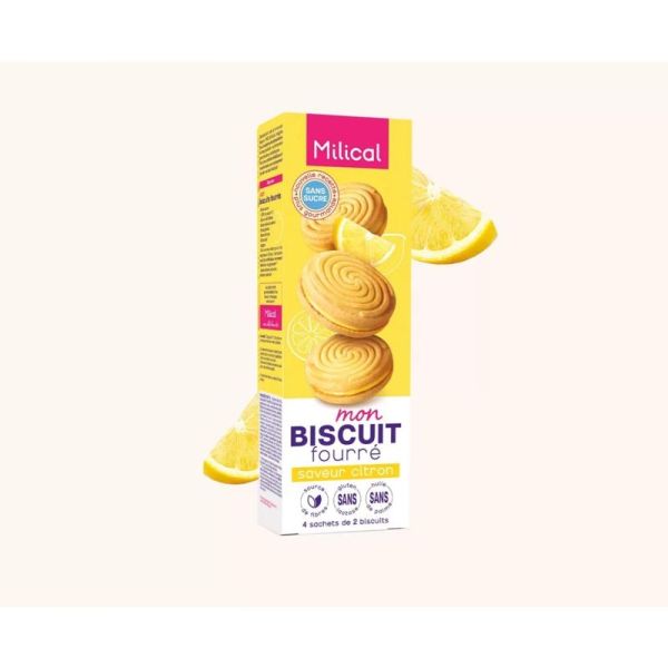 Milical Biscuits Fourrés Saveur Citron - 4 sachets de 2 biscuits diététiques sans sucres ajoutés