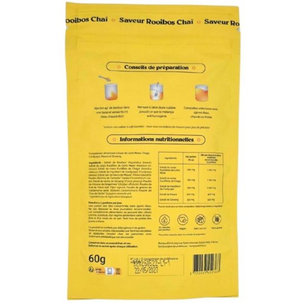Bonjour Saveur Rooibos Chaï 15 portions - Complément alimentaire à base de lion's mane, chaga et cordyceps