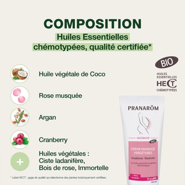 Pranarôm PranaBB Maternité Crème Massage Vergetures Bio 100ml – Élasticité et fermeté