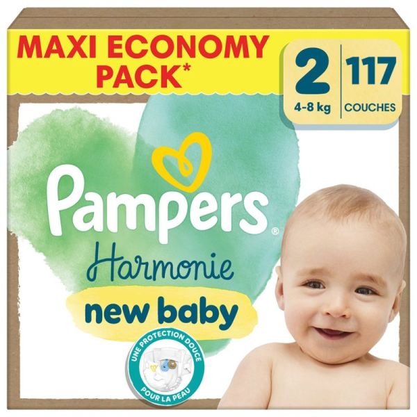 Pampers Harmonie Couches Taille 2 de 4 à 8kg - Maxi Pack 117 couches – Peaux sensibles et 12h au sec