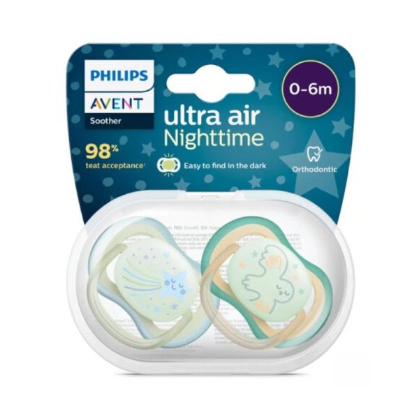 Avent Ultra-Air Sucettes Phosphorescentes Nuit 0-6 Mois - Lot de 2 - Coloris Aléatoires