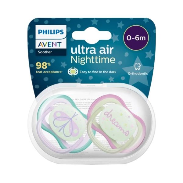 Avent Ultra-Air Sucettes Phosphorescentes Nuit 0-6 Mois - Lot de 2 - Coloris Aléatoires