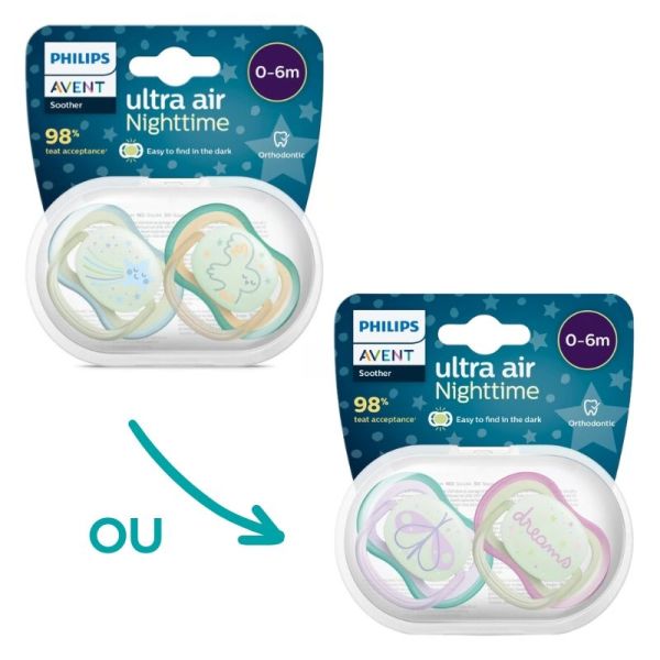 Avent Ultra-Air Sucettes Phosphorescentes Nuit 0-6 Mois - Lot de 2 - Coloris Aléatoires