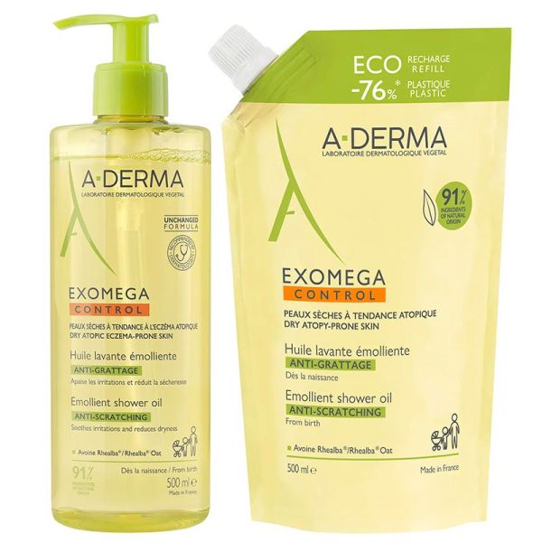 A-derma Exomega Control Huile Lavante Emolliente Anti-Grattage 500ml + Eco Recharge 500ml