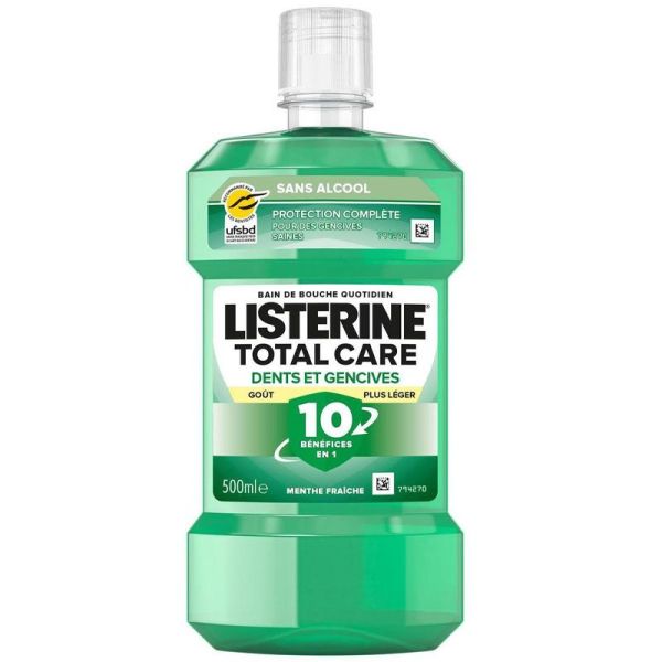 Listerine Total Care Dents & Gencives Goût Plus Léger - 500ml - Menthe Fraîche - Sans alcool - Protection complète