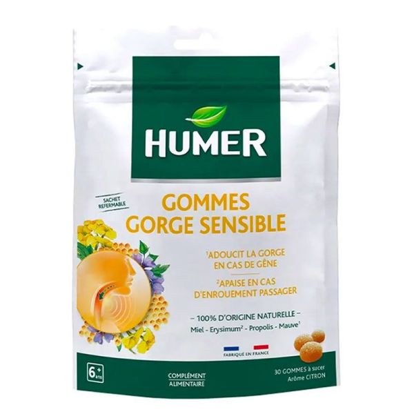 Humer Gorge Sensible - Arôme Citron - Soulage la Gorge Sensible et l'Enrouement - x30 Gommes