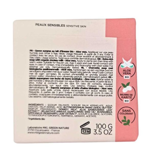 MKL Green Nature Lait d'Ânesse Savon Surgras Éclat Aloe Vera 100 g - Illumination et nutrition des peaux sensibles
