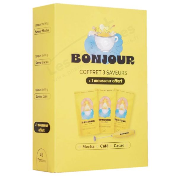 Bonjour Coffret 3 Saveurs Mocha, Café & Cacao - Boissons bien-être en poudre, complément alimentaire