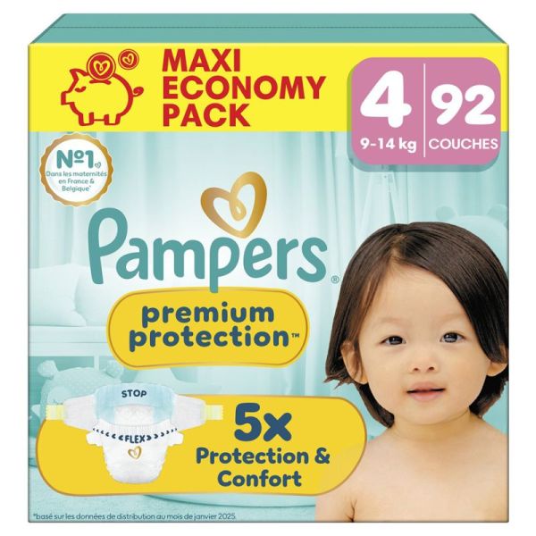 Pampers Premium Protection Taille 4 de 9 à 14kg - Maxi Pack 92 Couches – Confort et protection