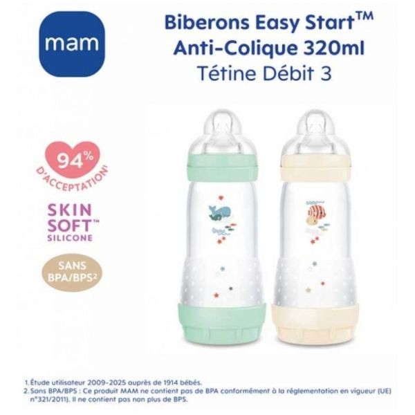 MAM 2 Biberons Easy Start 320 ml - Réduction des coliques et des inconforts du bébé