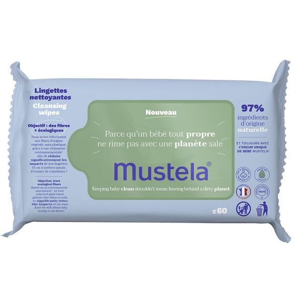Mustela Lingettes Nettoyantes - 60 lingettes - Nettoient en douceur et hydratent dès la naissance
