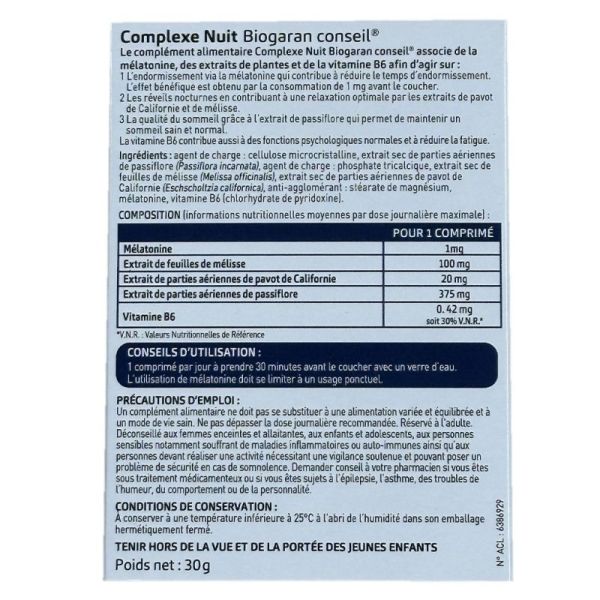 Biogaran Complexe Nuit 30 comprimés - favorise l'endormissement, réduit les réveils nocturnes et améliore la qualité du sommeil