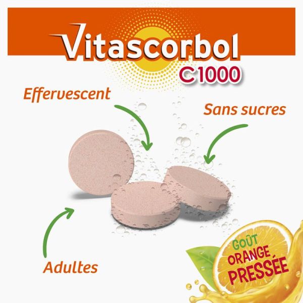Vitascorbol Vitamine C 1000 - 2 x 20 Comprimés Effervescents - Réduit la Fatigue et Maintien le Système Immunitaire
