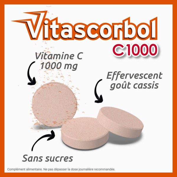 Vitascorbol Vitamine C 1000mg - 15 Comprimés Effervescents - Saveur Cassis - Vitalité et Défenses Immunitaires