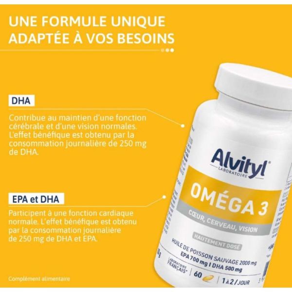 Alvityl Oméga 3 Huile de Poisson Sauvage - Complément alimentaire fonctions cardiaque cérébrale et vision 60 capsules