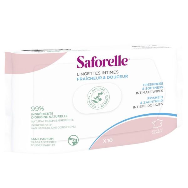 Saforelle Lingettes Intimes Ultra Douces x10 (Pocket) - Lingettes biodégradables apaisantes à la Bardane