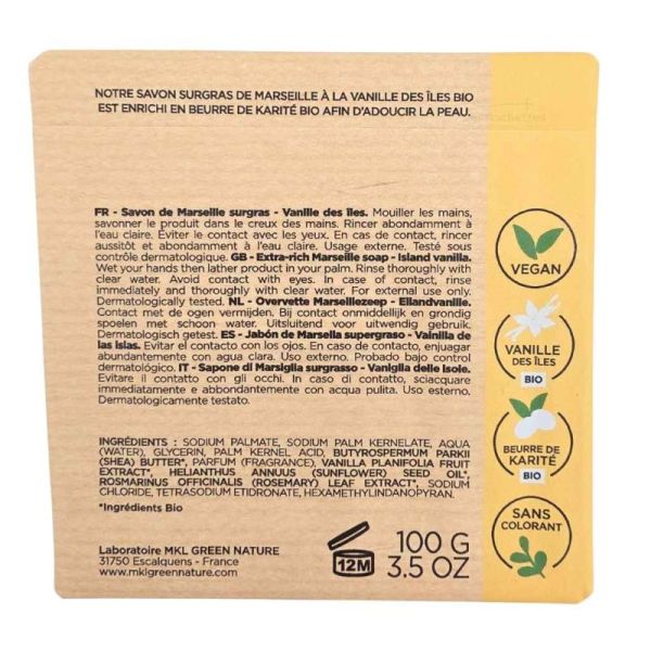 MKL Green Nature Savon Surgras de Marseille Vanille des Îles Bio 100g - Adoucit la peau et nettoie en douceur le corps et les mains