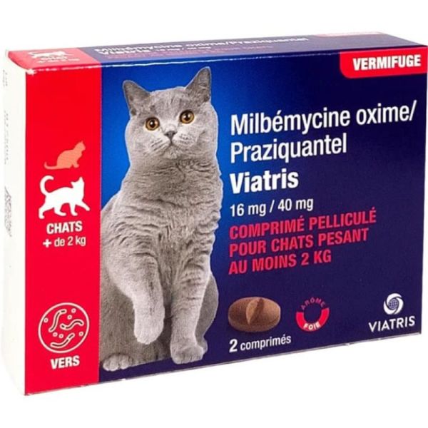 Viatris Milbemycine / Praziquantel Vermifuge Chat - + 2 kilos - 2 comprimés - Vermifuge large spectre