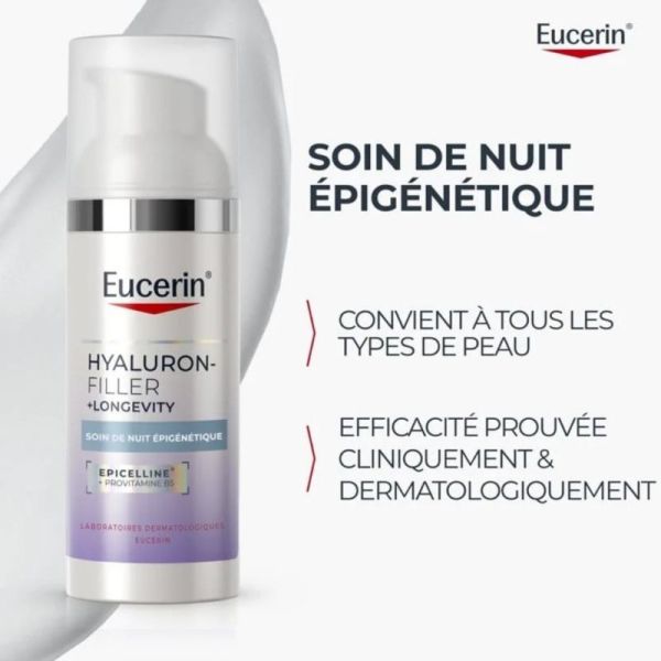 Eucerin Hyaluron-Filler + Longevity Soin de Nuit Épigénétique 50 ml - Régénération nocturne et réduction des rides