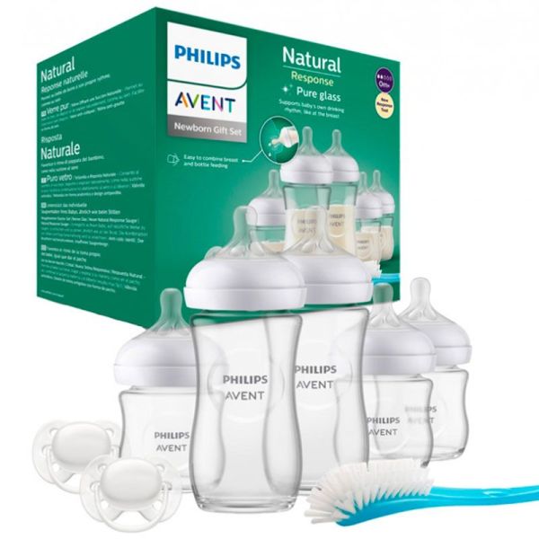 Avent Natural Coffret de Naissance Response Pure Glass - Kit Nouveau-Né - Biberons Verre + Sucette + Goupillon