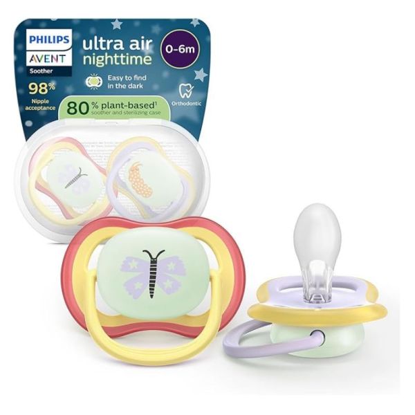 Philips Avent Ultra Air Sucettes Orthodontiques de Nuit en Silicone 0-6 Mois - 2 Sucettes