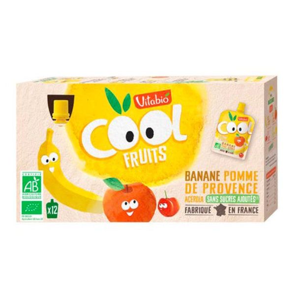 Vitabio Cool Fruits Compote à Boire BIO - Banane/Pomme - 12 Gourdes de 90g