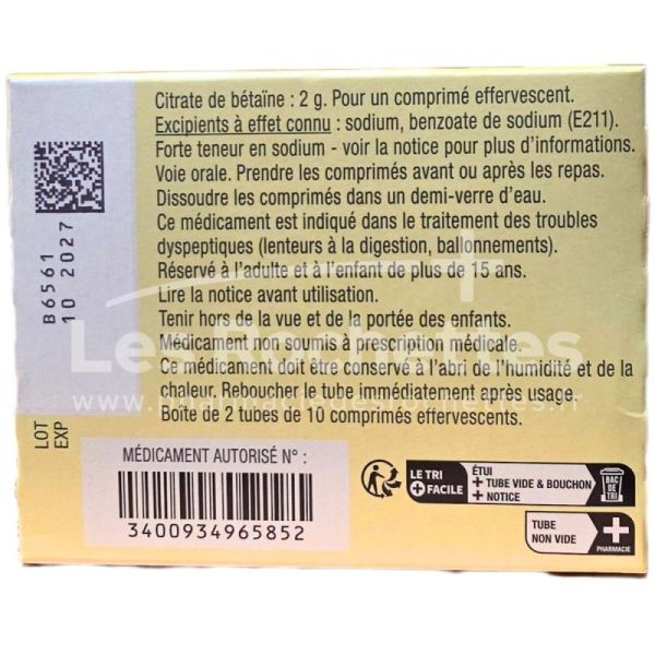 Citrate de Bétaïne Citron UPSA 2g Sans Sucre - 20 Comprimé Effervescent
