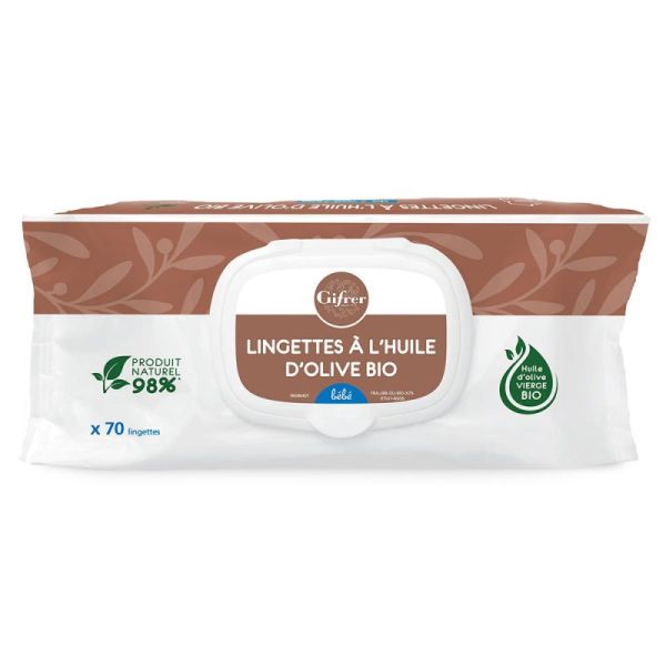 Gifrer Lingettes à l’Huile d’Olive Vierge - 70 Lingettes - Peau Délicate de Bébé