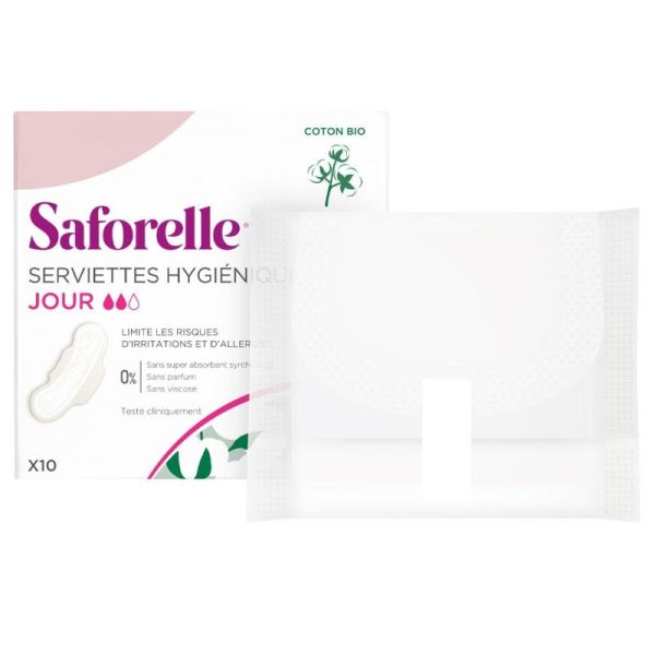 Saforelle Serviettes Hygiéniques Jour Avec Ailettes Coton Bio 10 unités - Protection Douce et Confortable