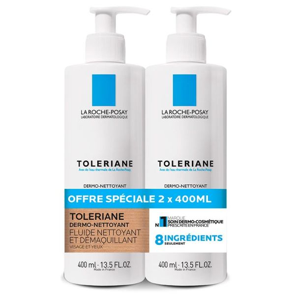 La Roche-Posay Toleriane Fluide Dermo-Nettoyant Démaquillant - 2x400ml - Visage et Yeux