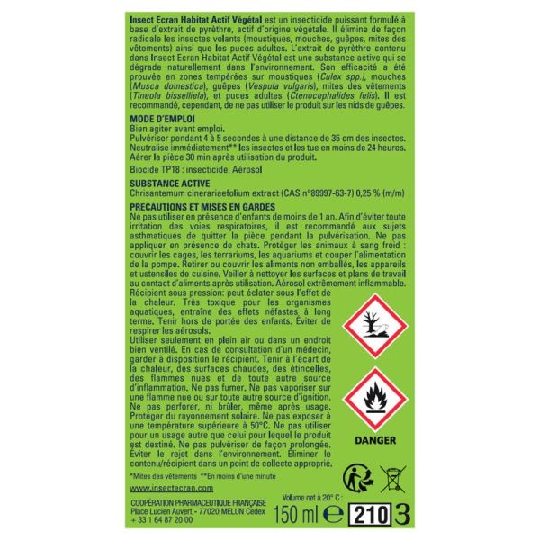 Insect Ecran Spray Insecticide Habitat Actif Végétal - 150ml - Élimination des volants et rampants