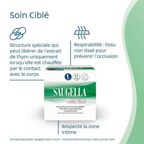 Saugella Cotton Touch 12 Serviettes Extra Fines Nuit Avec Ailettes