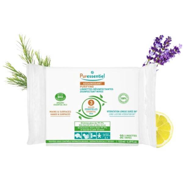Puressentiel Assainissant Lingettes Désinfectantes aux 3 Huiles Essentielles 32 Lingettes – Hygiène nomade mains et surfaces