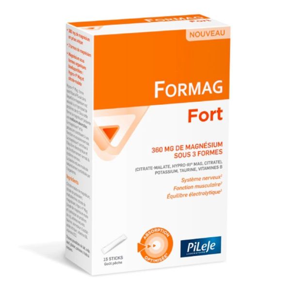 Pileje Formag Fort - Magnésium Goût Pêche - Stress, Nervosité et Activité Intense - 15 sticks